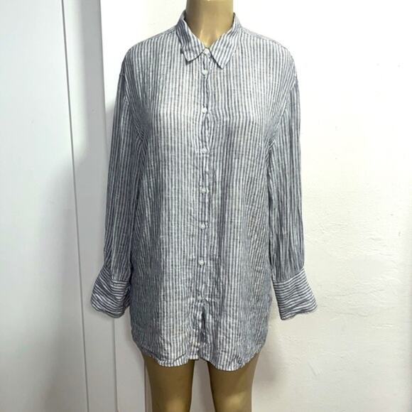 NORDSTROM Signature Linen Striped Blouson Long Blouse Sz S Gray White - Picture 3 of 10